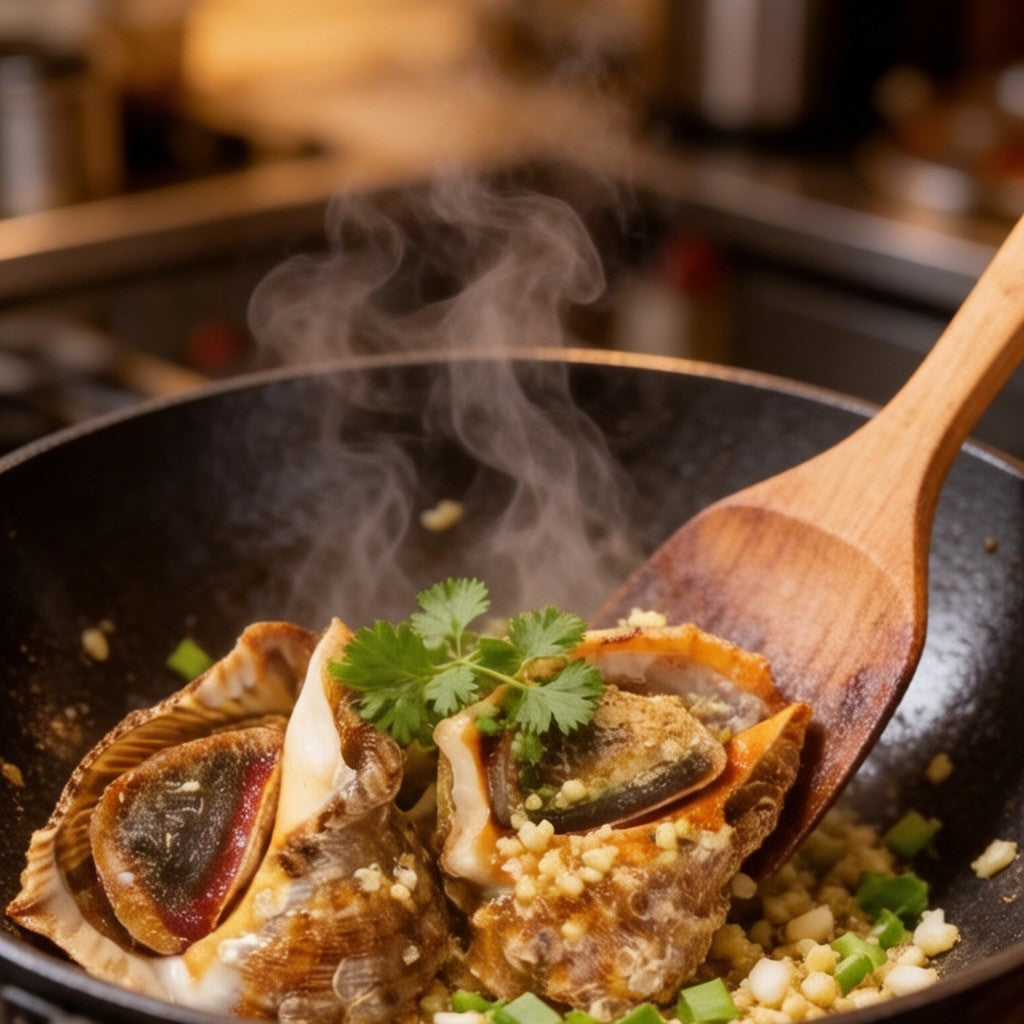 Two whole sea conch shells split open showing fresh meat