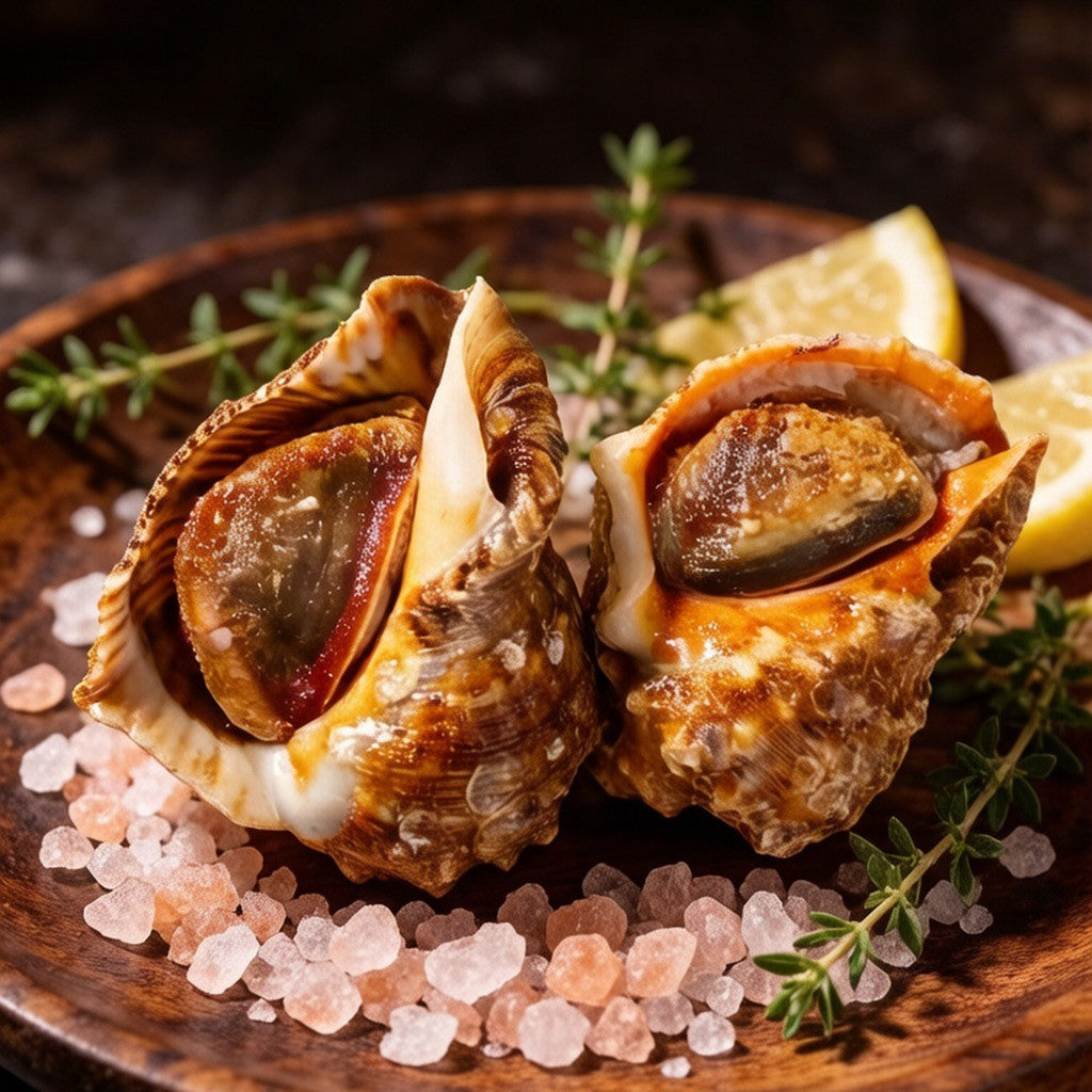 Salt-roasted whole conch served on a plate