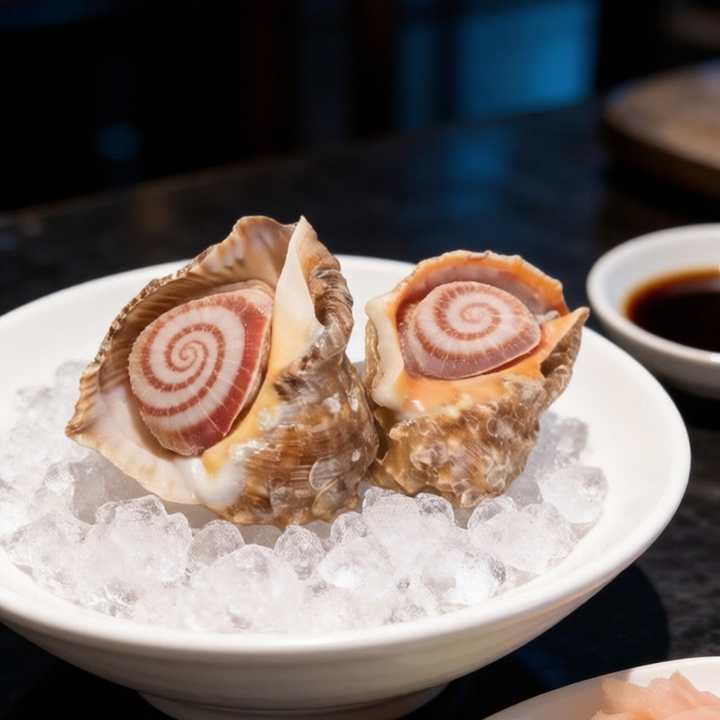 Thinly sliced conch sashimi on ice