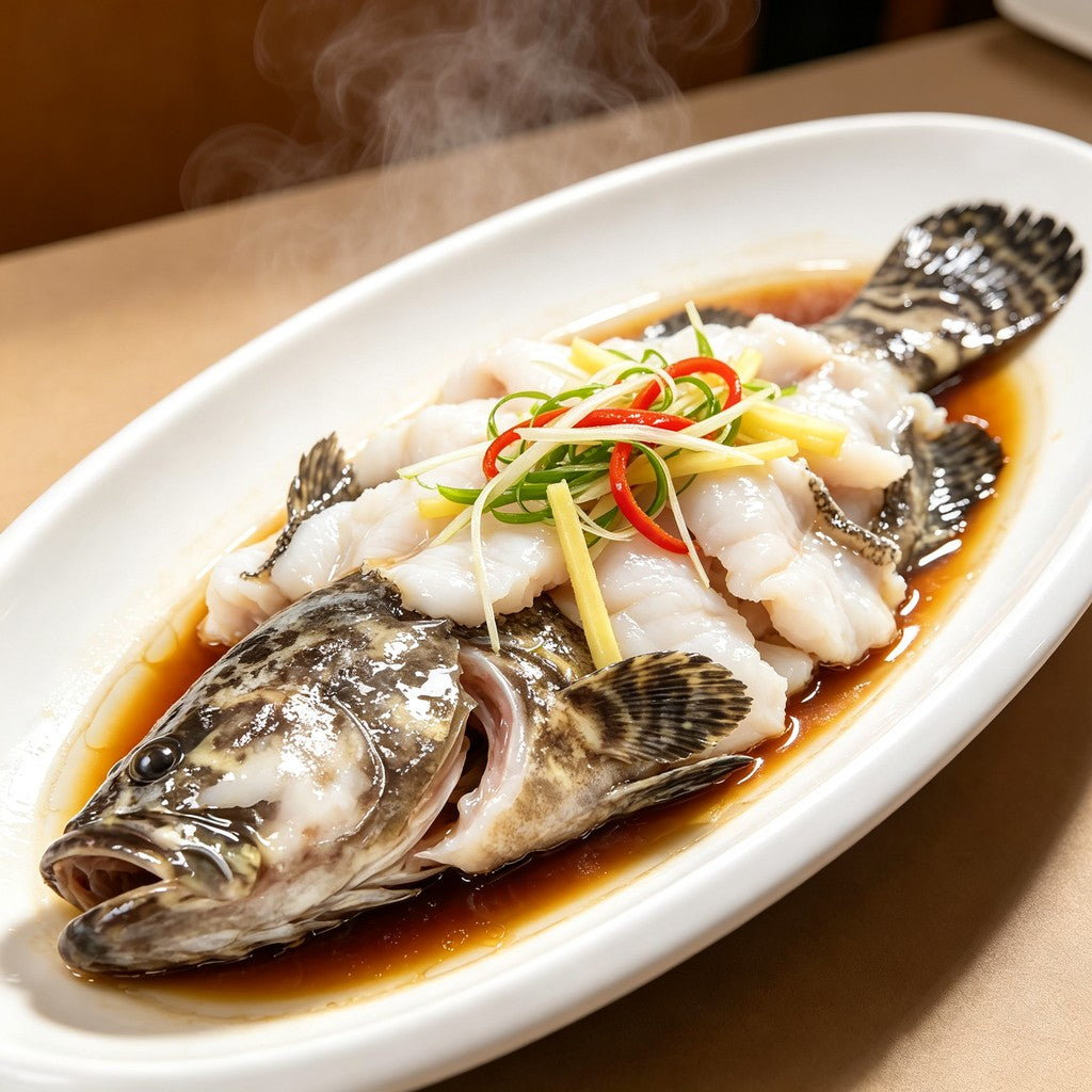 Steamed grouper plated with ginger and chilli