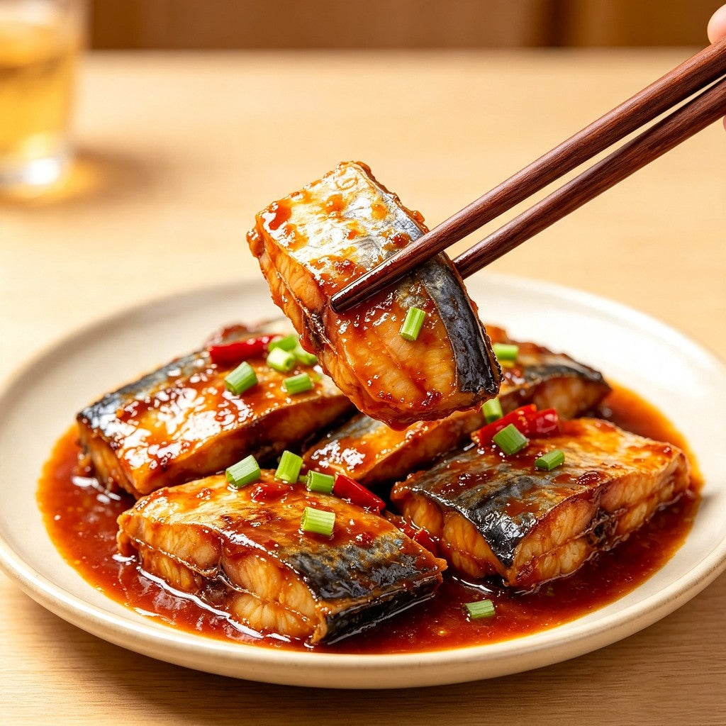 Braised mackerel steaks glazed in a savoury sauce