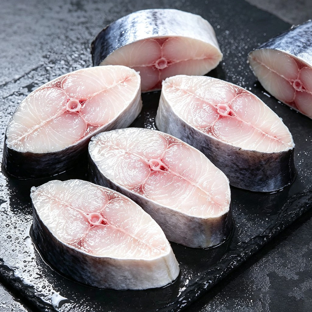Whole mackerel showing spotted silver skin