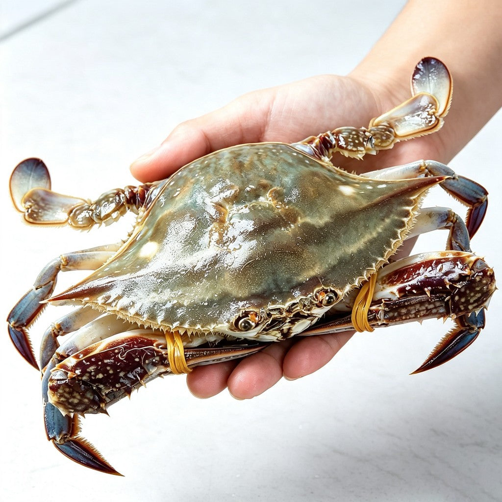 Large live swimming crab held in one hand