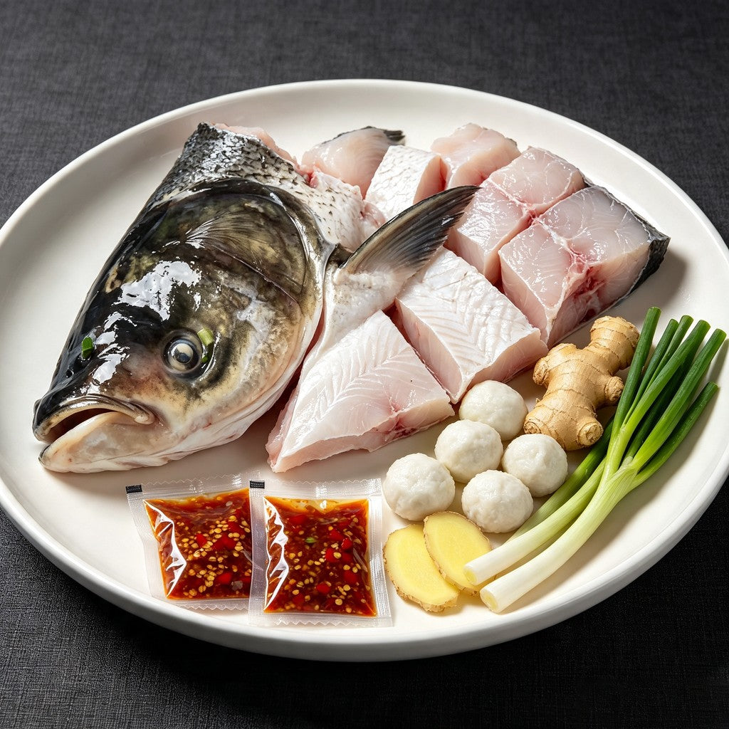 Whole bighead carp head with fillet cubes, fish balls and sauces