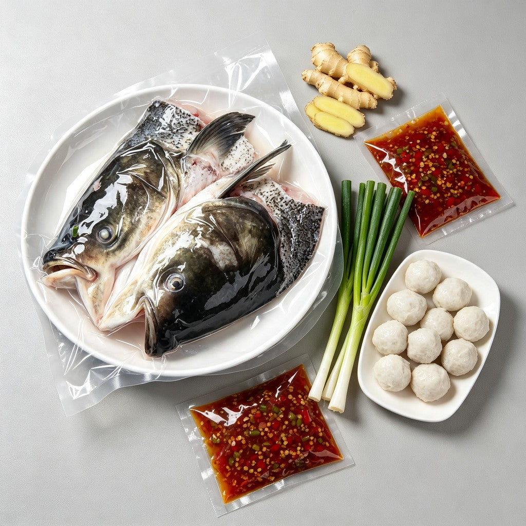 Fish head set arranged on a plate with ginger and spring onion