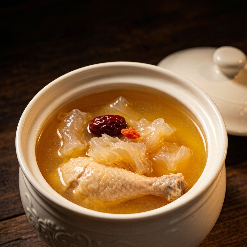 Translucent rehydrated fish maw in a clear broth bowl