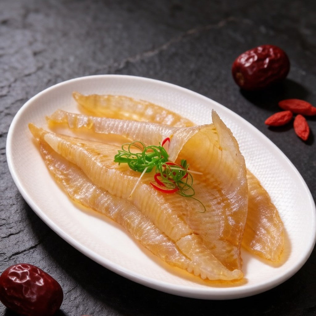 Dried fish maw pieces laid out on a slate tray