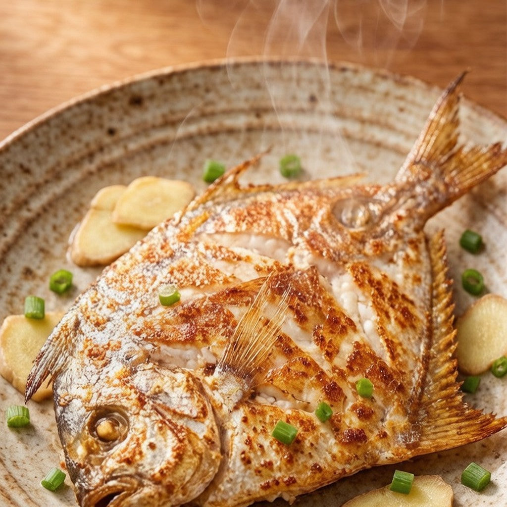Whole silver pomfret steamed with ginger and spring onion